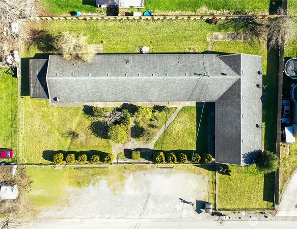 an aerial view of a swimming pool