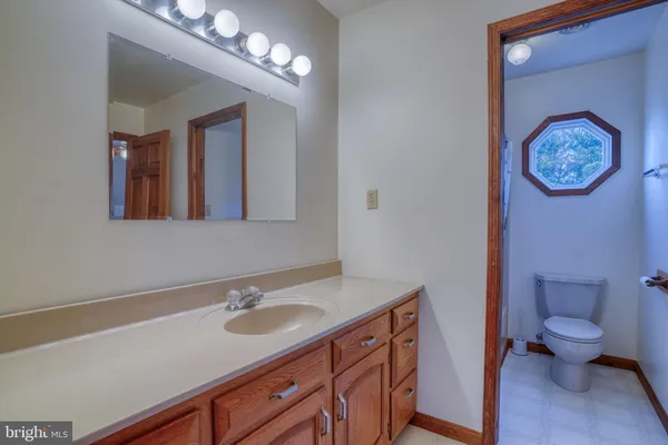 a bathroom with a sink a toilet and a mirror
