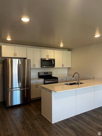 562 Hal Street, Unit 152 Tooele, UT 84074 - Photo 32 of 44 Contemporary kitchen featuring stainless steel appliances, white cabinetry, a double basin sink, recessed lighting, and wood-finish flooring
