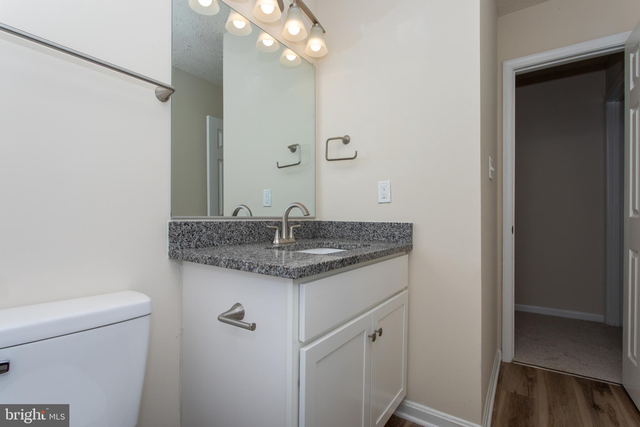 5704 Springfish Place Waldorf, MD 20603 - Photo 29 of 38 a bathroom with a granite countertop sink a toilet and a mirror
