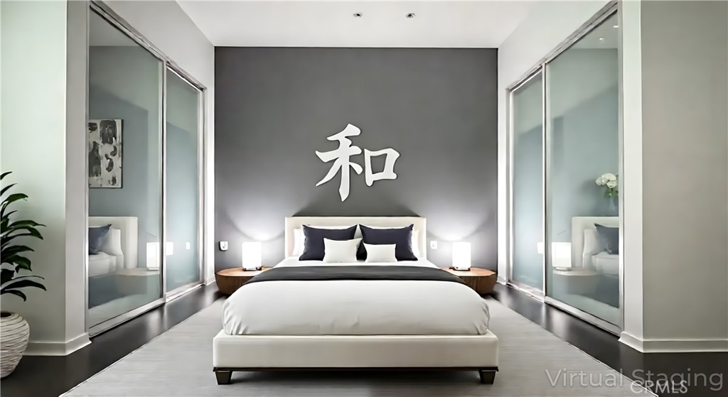 a bedroom with a bed and glass door