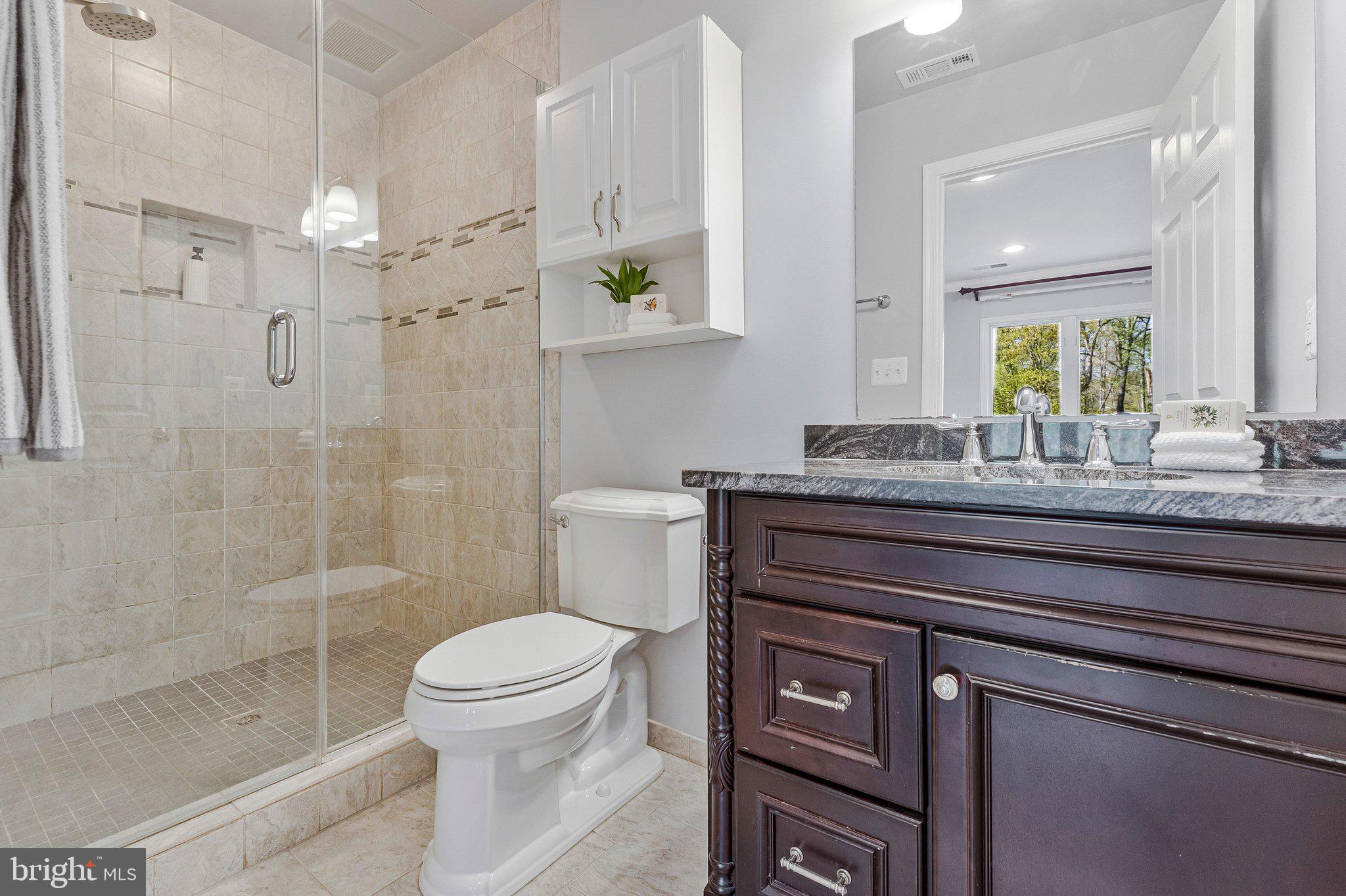 8611 Brook Road McLean, VA 22102 - Photo 63 of 104 a bathroom with a granite countertop sink a toilet a mirror and shower