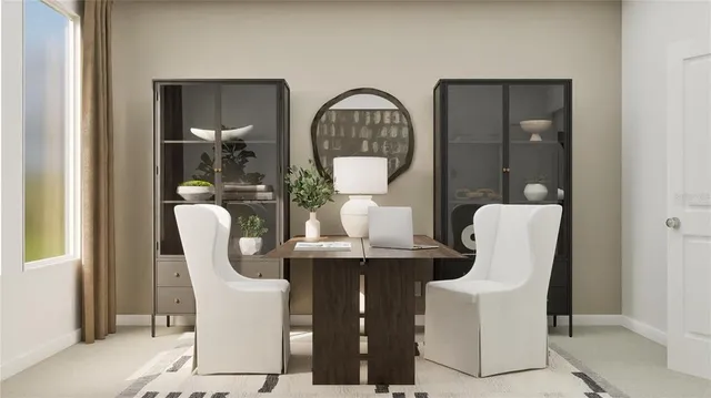 a view of dining room with furniture and wooden floor