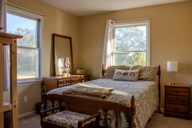 a bedroom with a bed a closet and windows