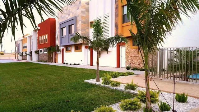 a view of a house with a yard and palm trees