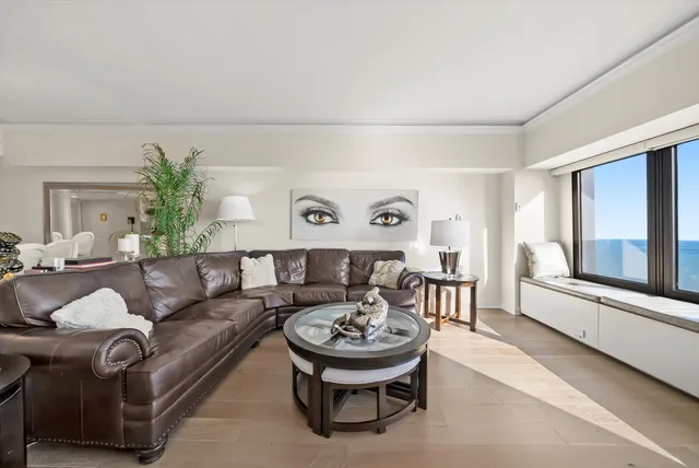 a living room with furniture and a potted plant