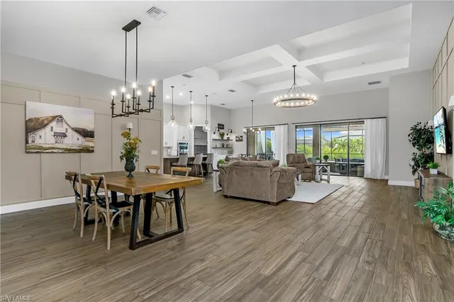 a living room with furniture dining table a chandelier a rug and a potted plant
