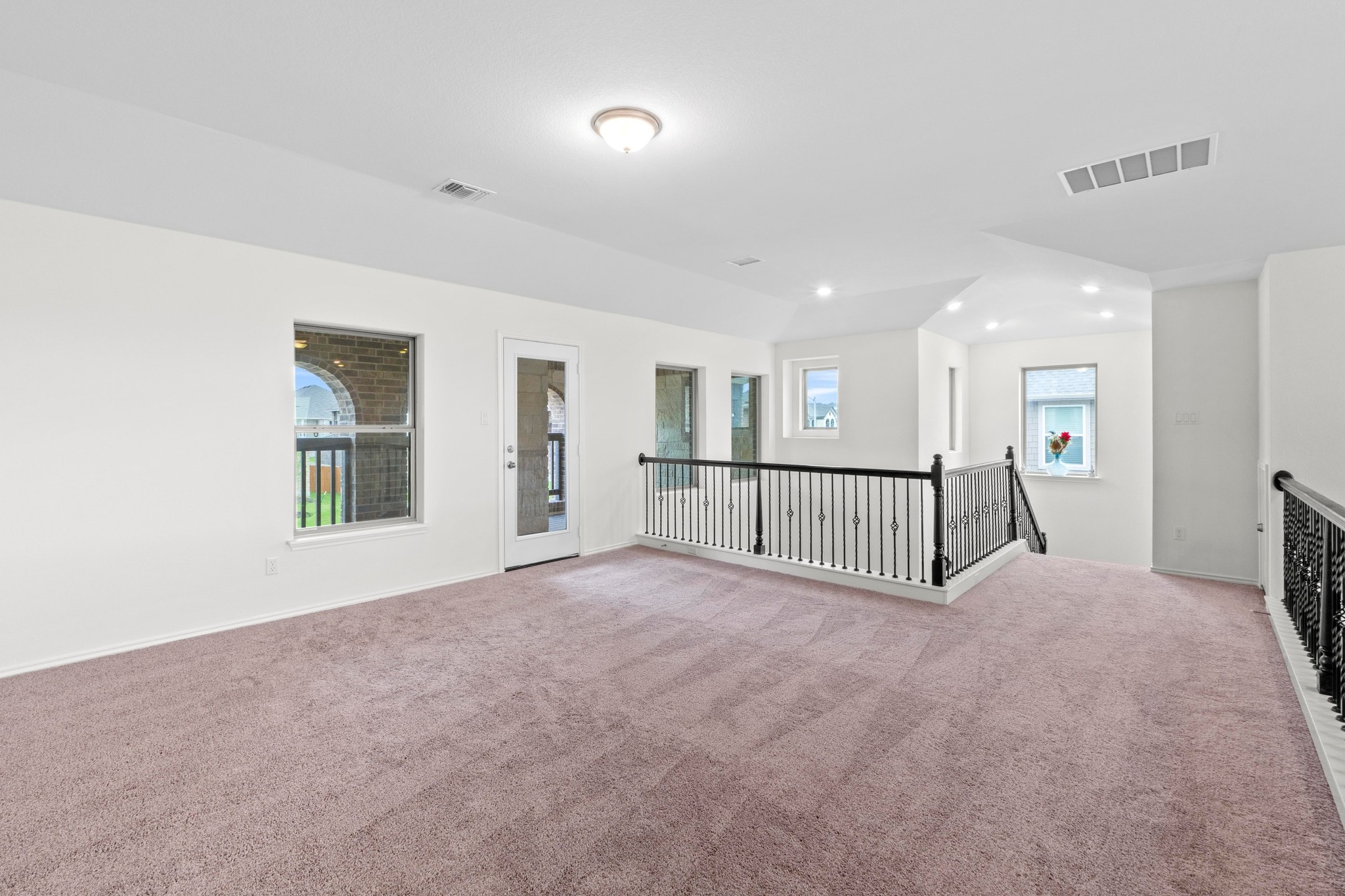 4729 San Rufo Drive Round Rock, TX 78665 - Photo 22 of 36 Spacious bonus room featuring plush carpeting, white walls, multiple windows, a glass-paneled door, and black wrought iron railings
