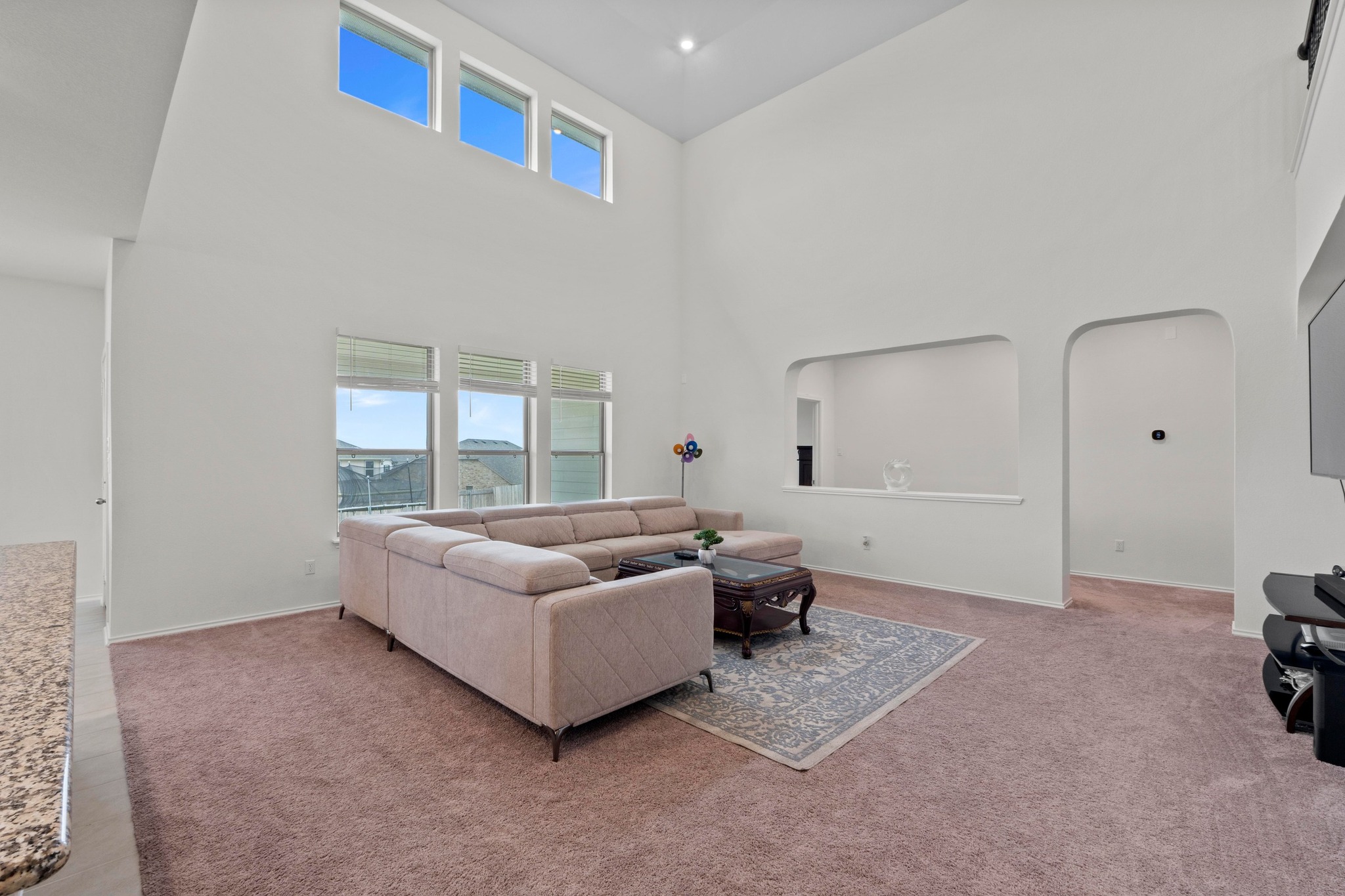4729 San Rufo Drive Round Rock, TX 78665 - Photo 4 of 36 Living room featuring high vaulted ceilings, expansive windows, a pass-through opening, an arched entryway, and carpet flooring