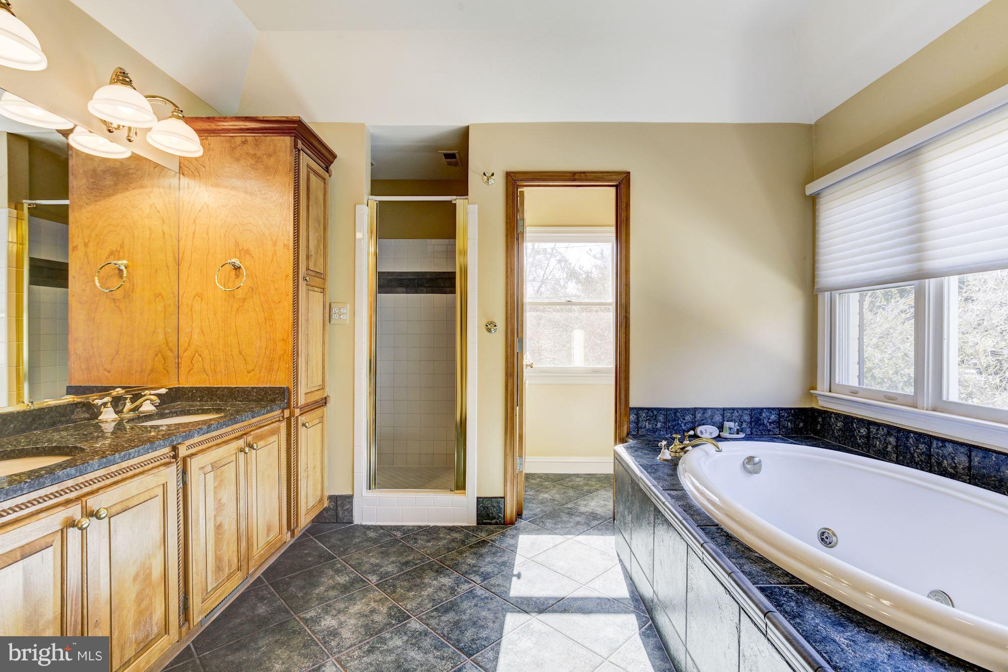 6800 Glenbrook Road Bethesda, MD 20814 - Photo 22 of 30 a bathroom with a granite countertop tub and a sink