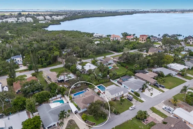 a view of a backyard with potted plants and large trees