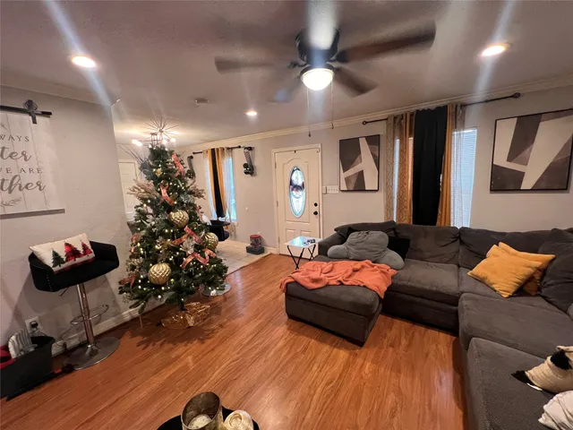 a living room with furniture and a potted plant