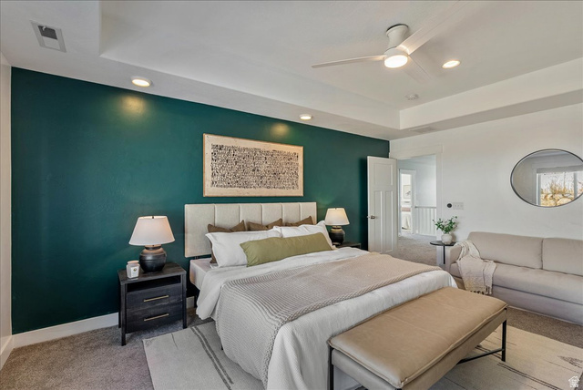 882 Spring Dew Lane Lehi, UT 84048 - Photo 32 of 46 Bedroom with light colored carpet, ceiling fan, and recessed lighting