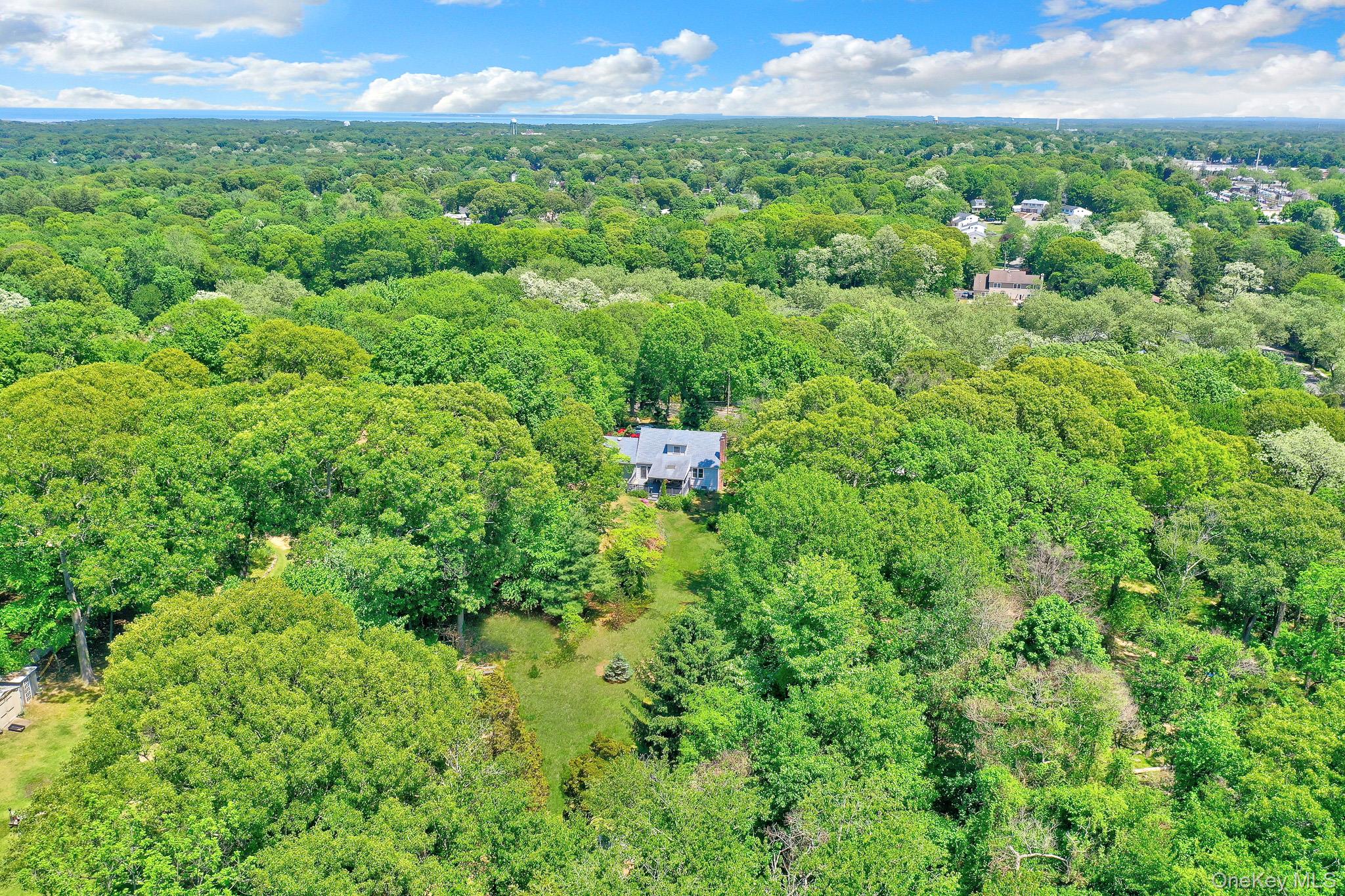 100 Elwood Road Northport, NY 11768 - Photo 34 of 39 Expansive wooded grounds with a central residence featuring a gray exterior and dark roof