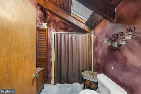 a bathroom with a toilet and a shower curtain