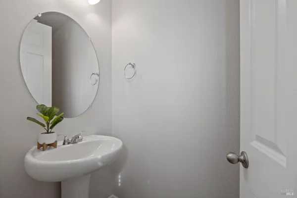 a bathroom with a sink a mirror and a potted plant
