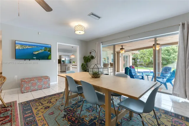 a view of a dining room with furniture window and outside view