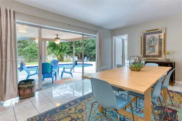 a view of a dining room with furniture window and outside view