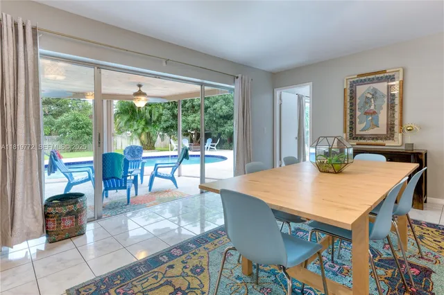 a view of a dining room with furniture window and outside view