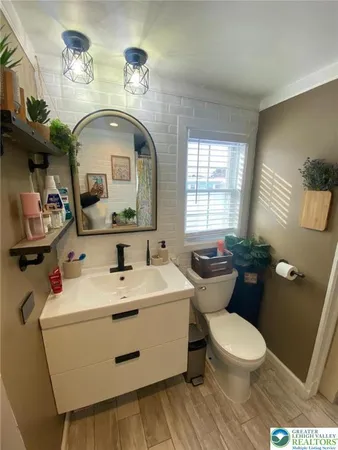 a bathroom with a sink a toilet and mirror