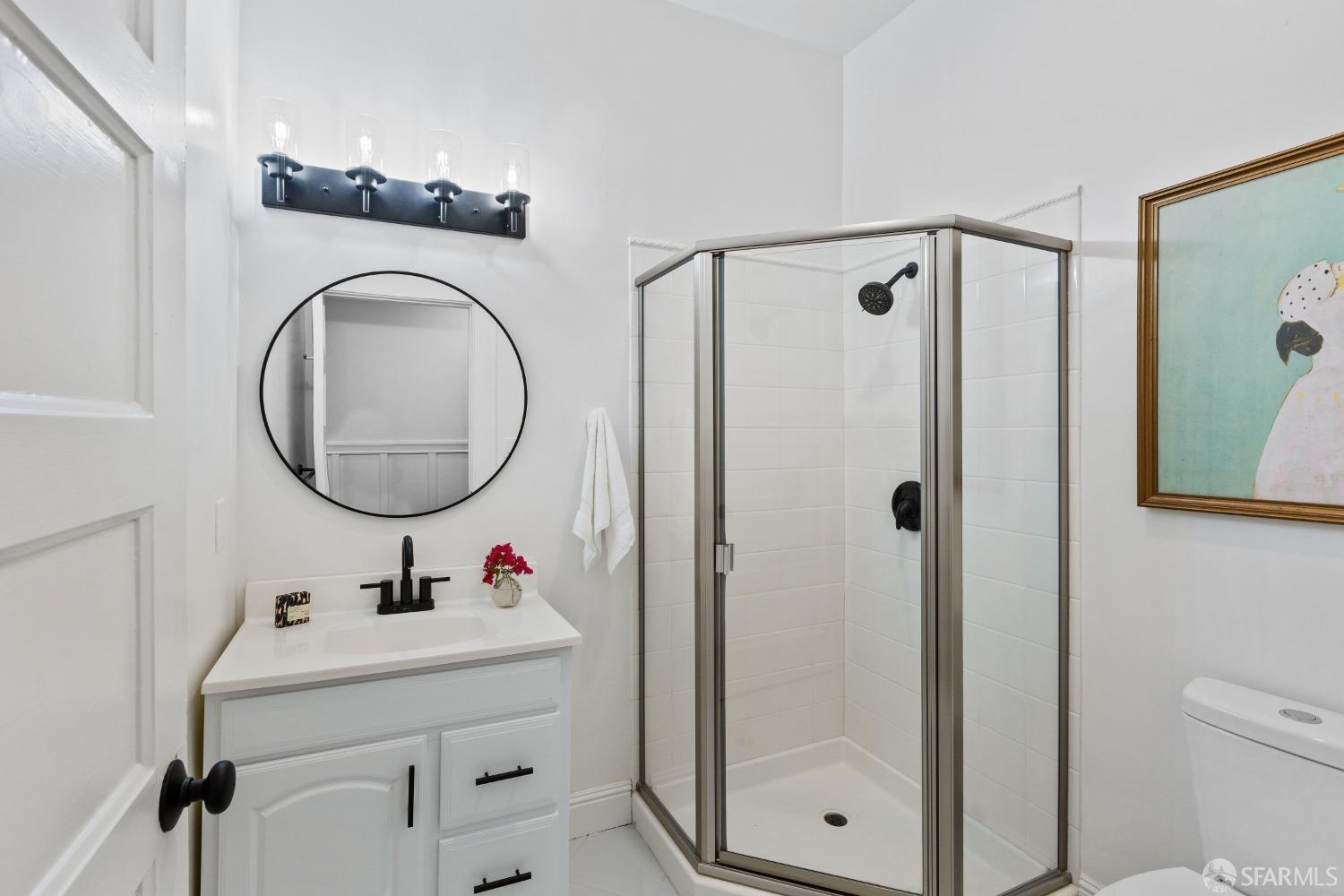 931 Clayton Street San Francisco, CA 94117 - Photo 25 of 28 a bathroom with a sink a mirror a toilet and shower
