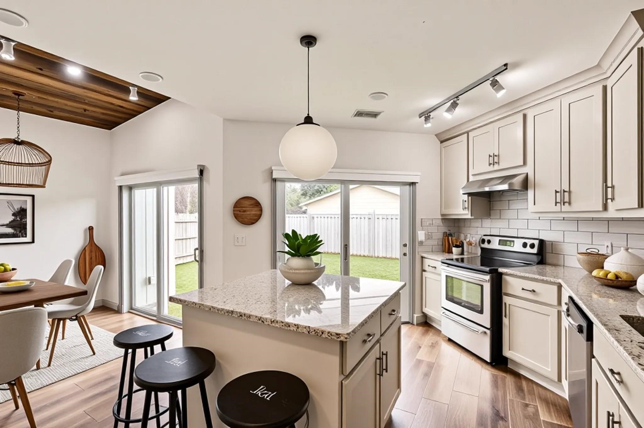 6509 Birdwood Road Houston, TX 77074 - Photo 6 of 26 a kitchen with stainless steel appliances granite countertop a stove a sink dishwasher a dining table and chairs with wooden floor