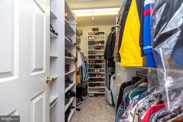 a view of walk in closet with clothes and shoes