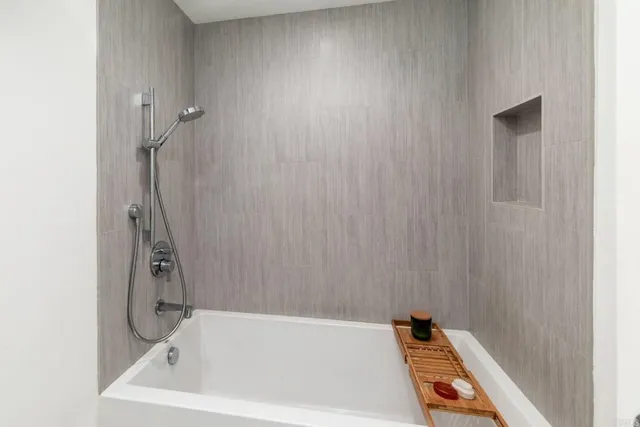 a bathroom with a bathtub
