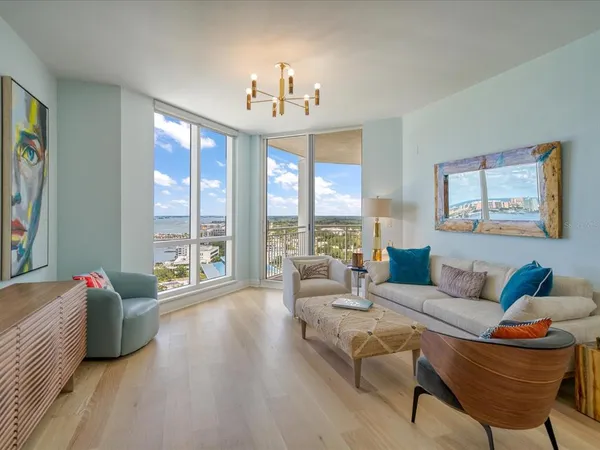 a living room with furniture and a large window