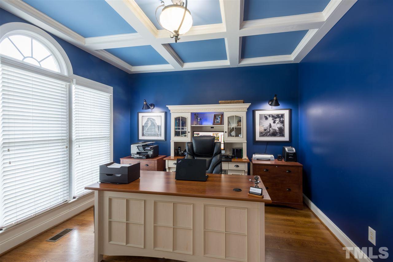 2916 SnapsWell Street Raleigh, NC 27614 - Photo 4 of 30 Coffered Ceiling, Gleaming Hardwoods and Natural Light Adorn this Amazing Executive Office with Front Street View thru a Wall of Windows.