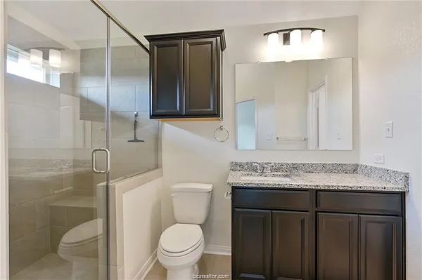 a bathroom with a sink toilet vanity and shower
