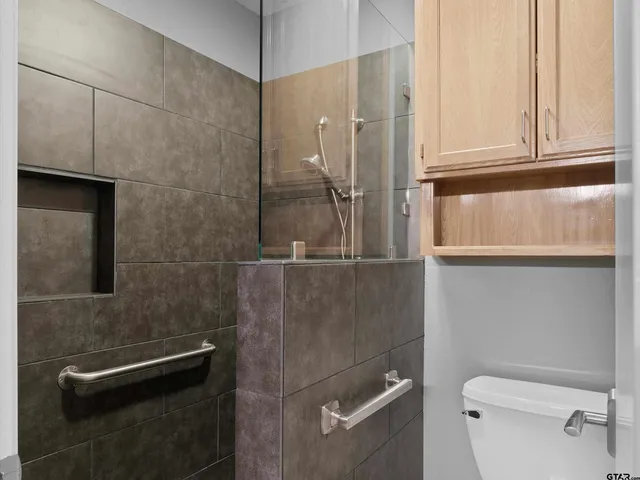 a bathroom with a shower and a toilet