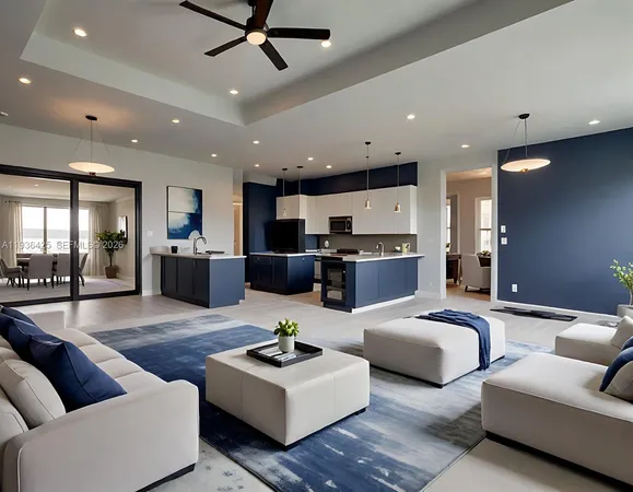 a living room with couches and kitchen view with wooden floor