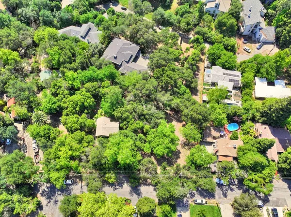 an aerial view of a house with a yard and large trees