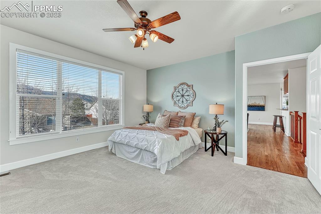 16946 Buffalo Valley Path Monument, CO 80132 - Photo 18 of 41 a spacious bedroom with a large bed and a chandelier