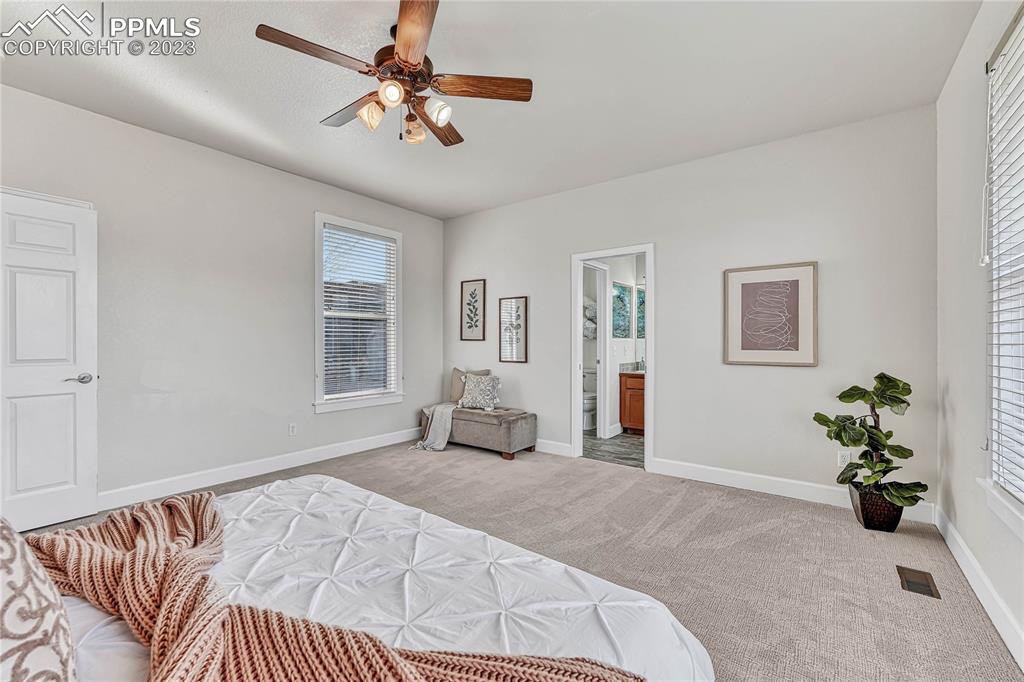 16946 Buffalo Valley Path Monument, CO 80132 - Photo 19 of 41 a bedroom with a large bed and a chandelier