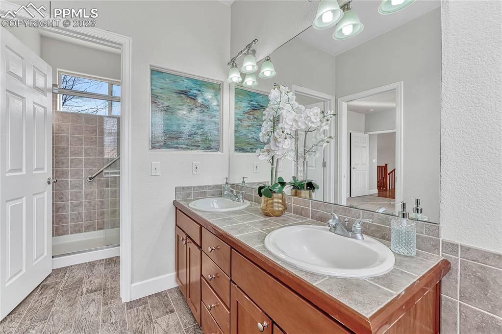 16946 Buffalo Valley Path Monument, CO 80132 - Photo 21 of 41 a bathroom with a sink double vanity and a shower