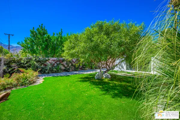a garden with trees in the background