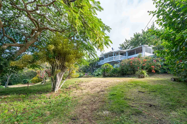 a backyard of a house with lots of green space and fountain