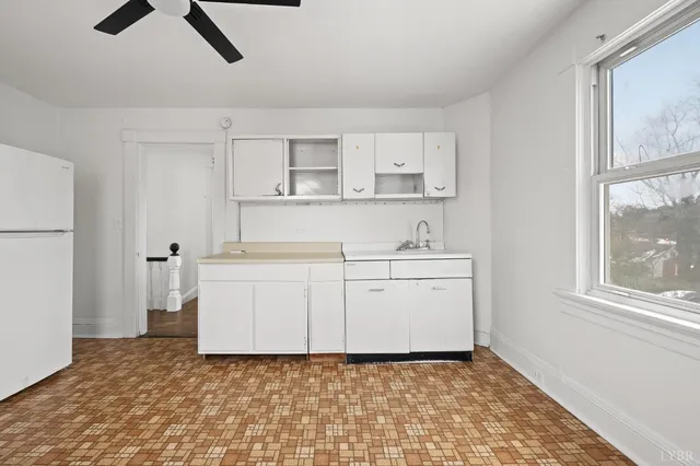 a room with white cabinets and white appliances