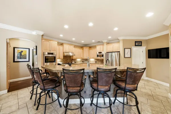 a view of a dining room with furniture