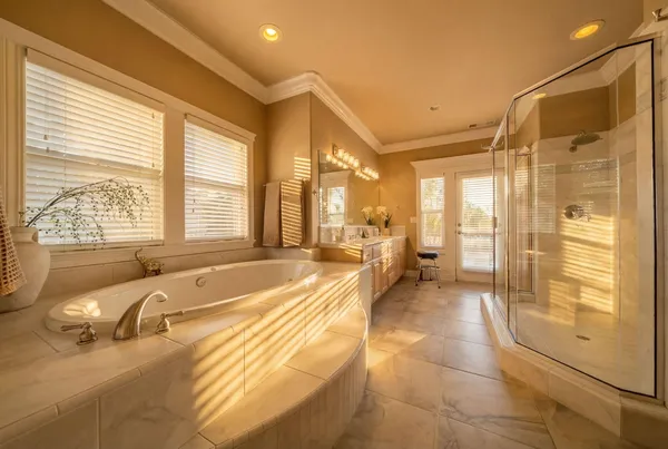 a spacious bathroom with a tub and shower