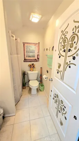 a bathroom with a toilet and a shower curtain