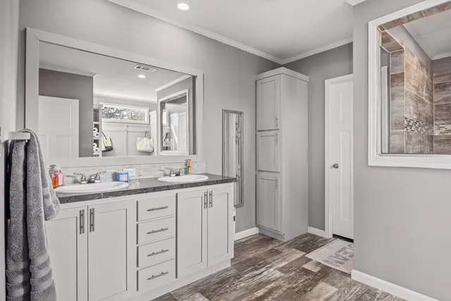 a bathroom with a granite countertop sink mirror and a