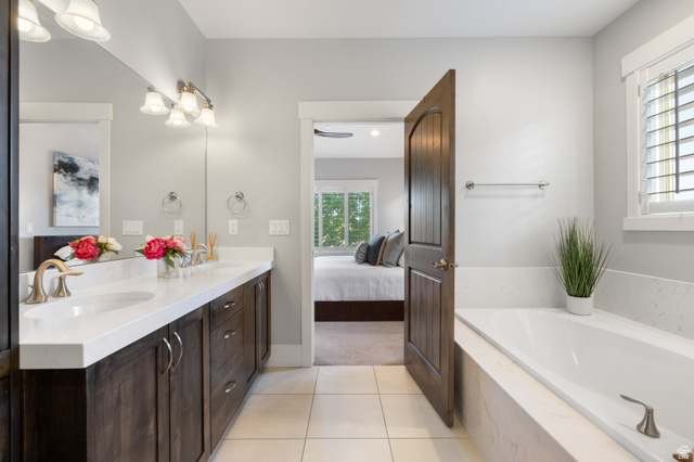 1737 East Viewside Circle Hideout, UT 84036 - Photo 14 of 35 Double vanity with white undermount sinks and bronze-finish faucets, set in a light-toned countertop