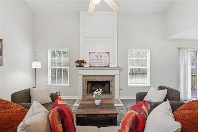 a living room with furniture windows and a fireplace