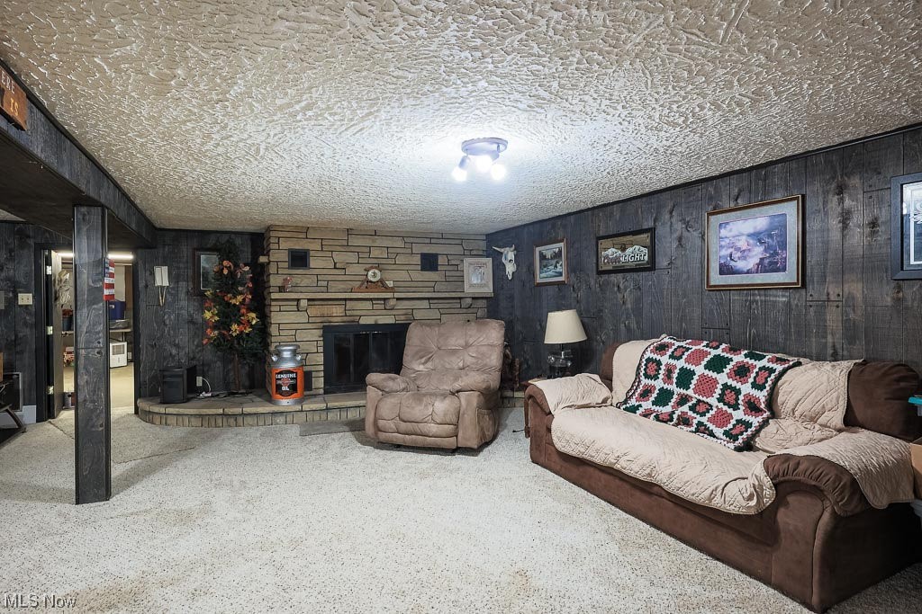 827 Bakers Addition Road Hopedale, OH 43976 - Photo 22 of 34 Living room with a textured ceiling, wooden walls, carpet flooring, and a fireplace
