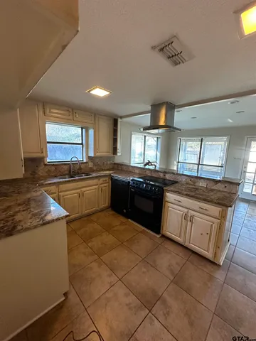 a kitchen with stainless steel appliances granite countertop a sink counter space cabinets and a large window