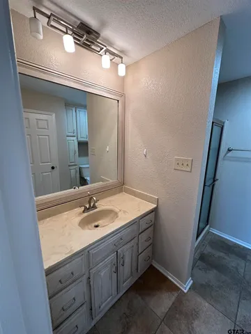 a bathroom with a sink a vanity and a mirror