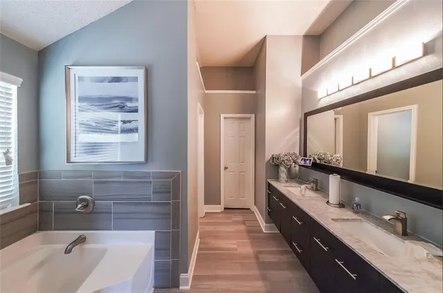 a bathroom with a double vanity sink large mirror and a bathtub